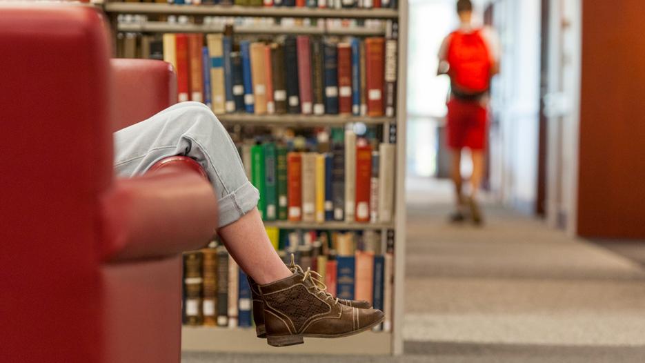 Student studies in the library 